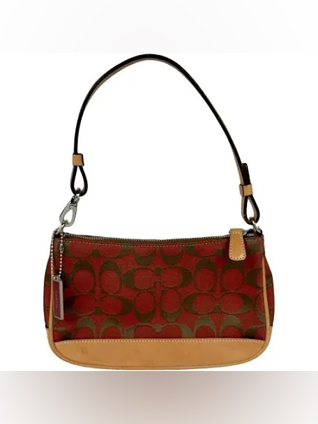 Coach Red Signature Pattern Shoulder Bag With Tan Trim